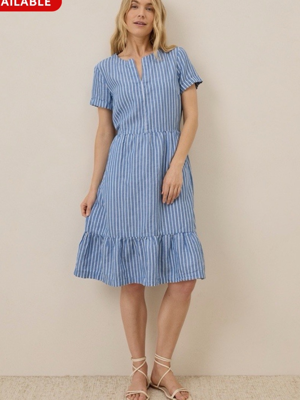 Pact Canopy Linen Blend Notch Neck Dress Bondi Stripe Blue Sz M